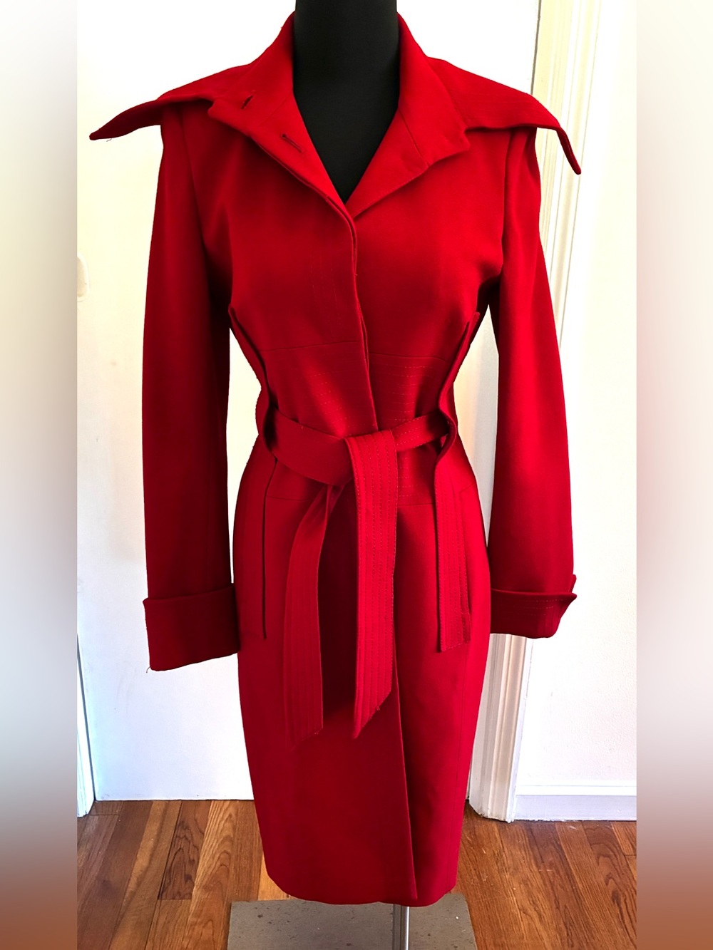 VTG Karen Millen Red Women's Belted Wool Coat EUC size 6 US
